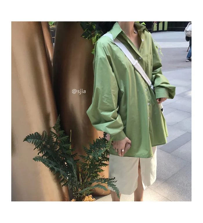 Модная женская рубашка с длинным рукавом зеленого цвета, однобортные Свободные повседневные Топы Harajuku, Корейская футболка Ulzzang, Femme Robe