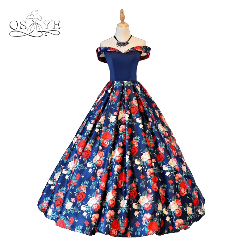 

2018 New Fashion Floral Flowers Pattern Print Long Prom Dresses Robe de Soiree Off the Shoulder Lace up Back Evening Party Gown