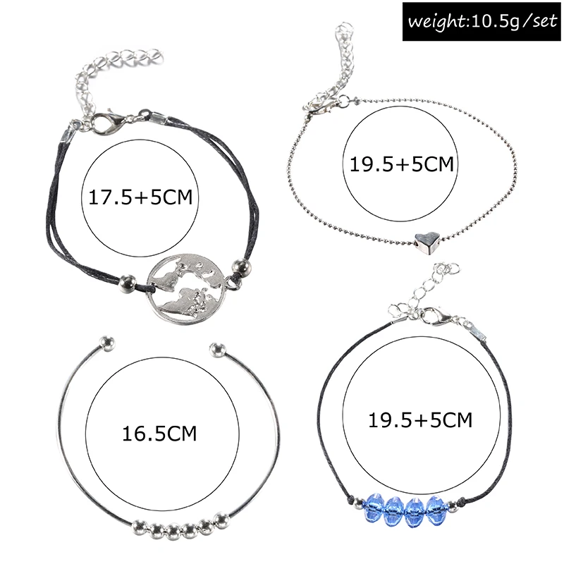 4 шт./компл. модные синие хрустальные бусины в форме сердца карта земли серебряный браслет Цвет в виде геометрических фигур браслет Для женщин Пляж ювелирные изделия Прямая