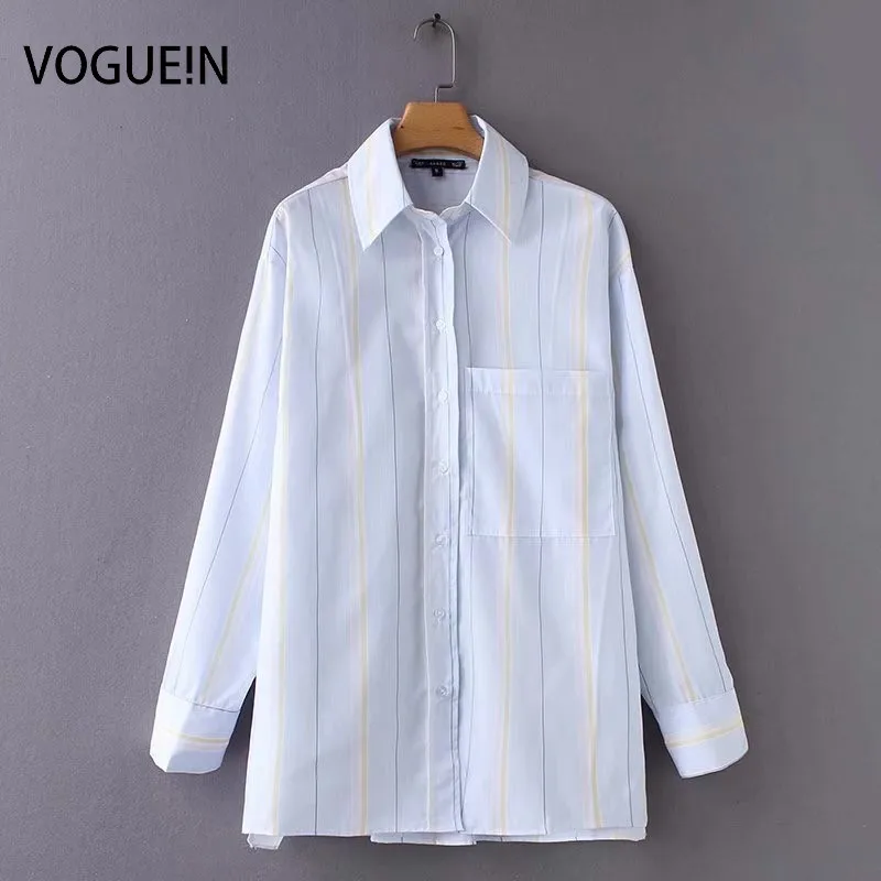 

VOGUEIN New Womens Casual Light Blue Striped Print Long Sleeve Tops Blouse Shirt Wholesale