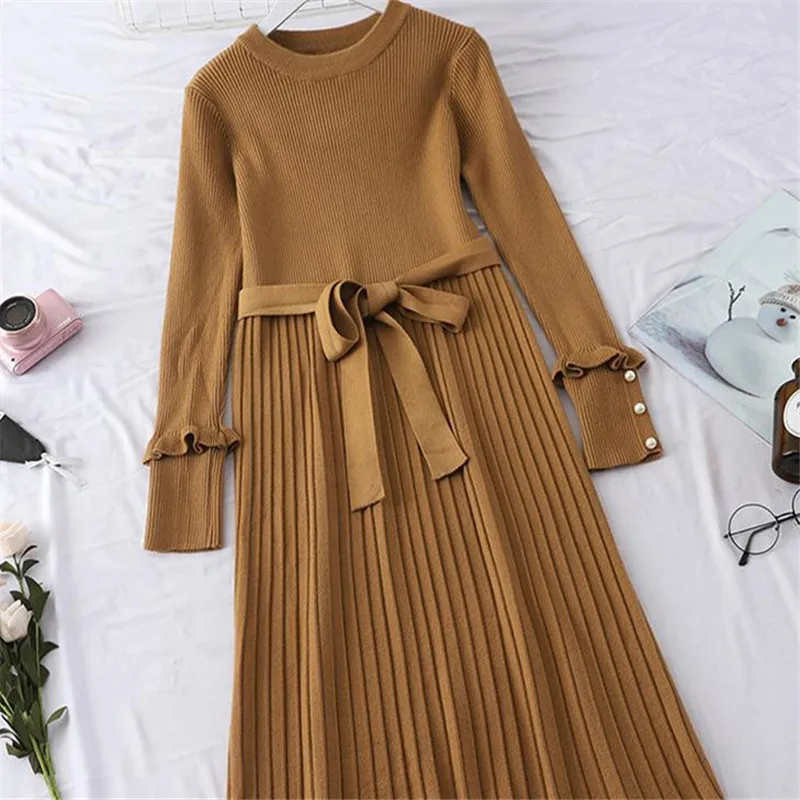 

Sanishroly Autumn Winter Women Beading Sweater Dress Tie Bow Sashes Knitted Dresses Female Slim Long Pleated Dress Vestidos S376