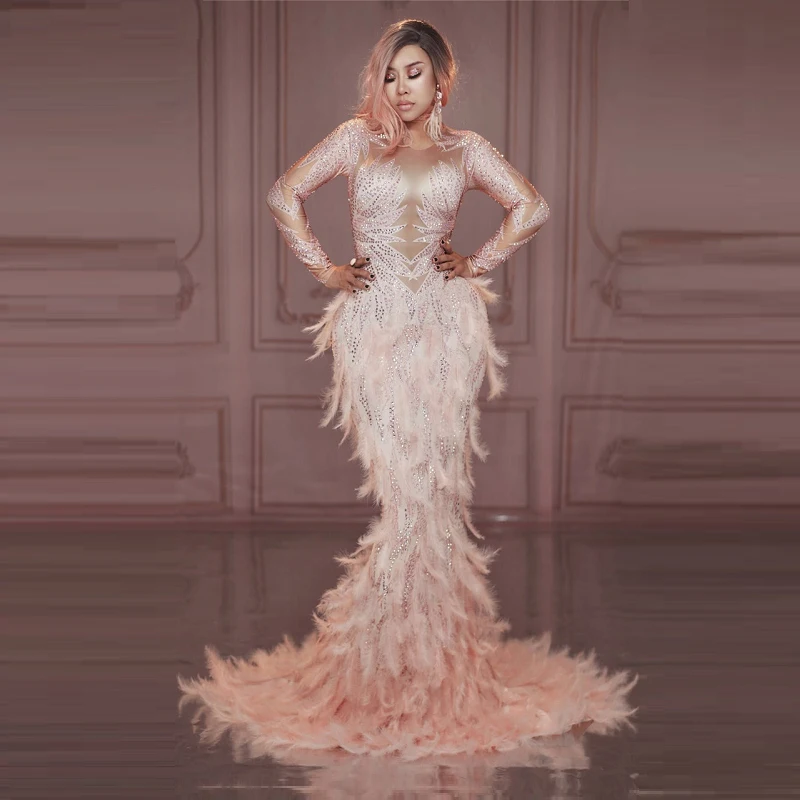 

Luxury Maxi Dress Long Sleeve Bandage Dress Fashion Feather Design Women Sexy Mesh Sequin Party Dress Vestidos Wholesale 2019