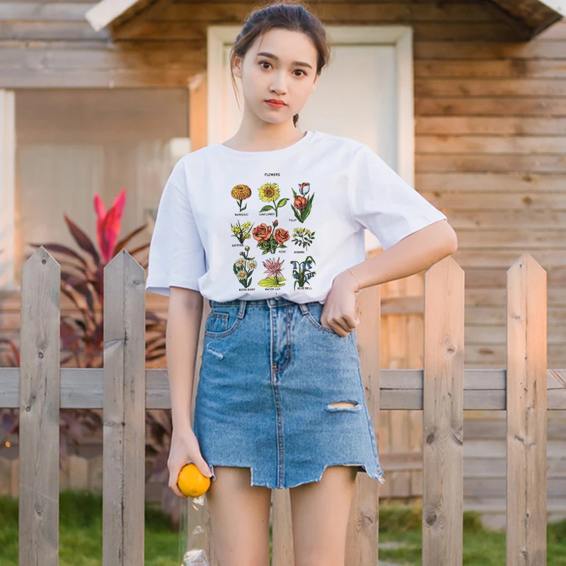 Женские топы с цветочным принтом, летние женские футболки с коротким рукавом, новые корейские свободные футболки с круглым вырезом, большие размеры, S-2XL