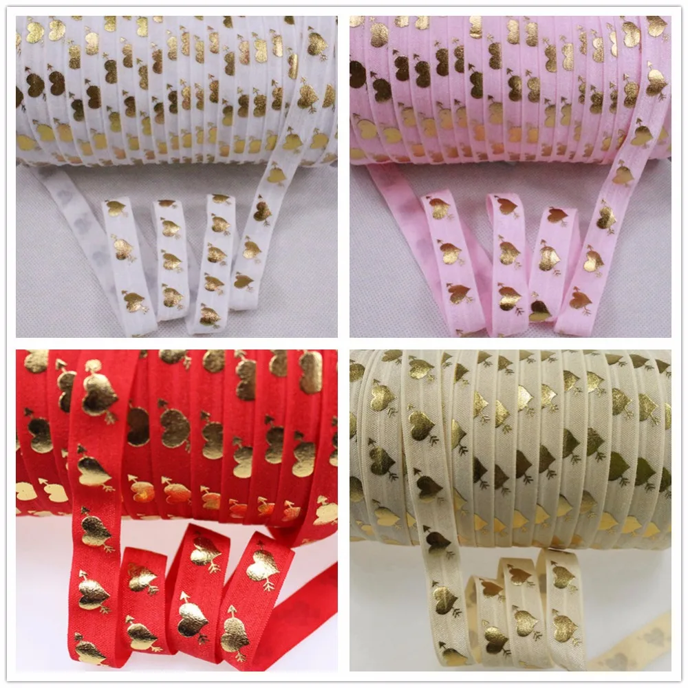 

5/8" 15mm Gold Foil Arrow Pierces Heart Print FOE Fold Over Elastic Ribbon For Valentine 50Yards