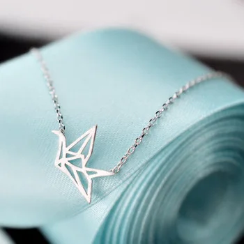 Kinitial 1Pcs Cute 925 Sterling Silver Animal Bird Necklaces & Pendants For Women Simple Origami Crane Charm Necklace Jewelry