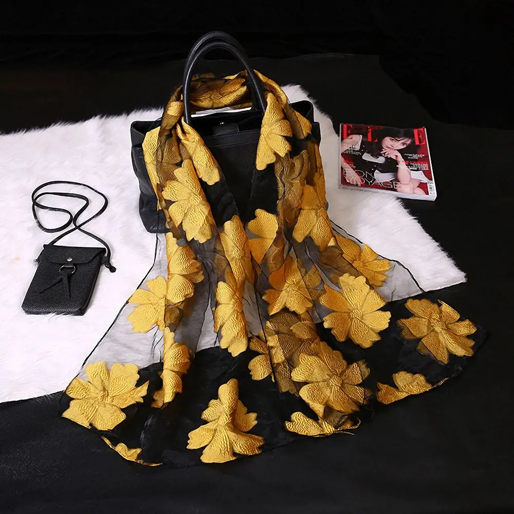 

Summer Thin Silk Scarf Headscarf Soft Shawls Leaves Jacquard Lightweight Organza Gauze Embroidery for Womens Beach Shade Fashion
