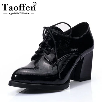 

Taoffen Women Fashion Patent Leather Pumps Classic Pointed Toe Lace Up Thick Heel Shoes Office Lady Shoes Women Size 34-42