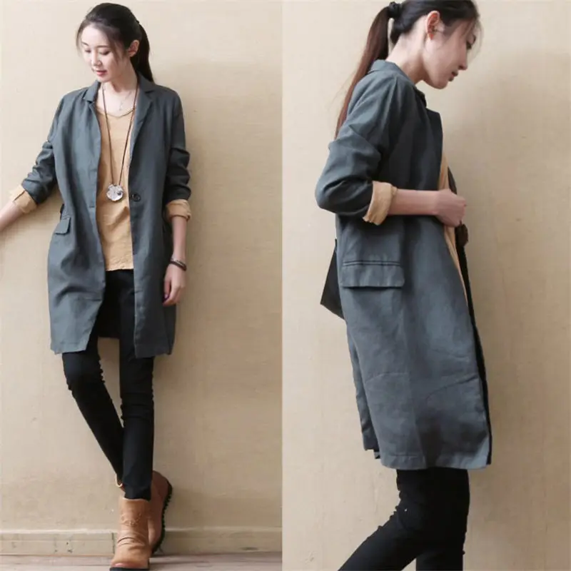 

Linen Women's Long Windbreaker Leisure Suit Jacket Female One Button Solid Color casacas casuales para mujer Thin Outerwear f921