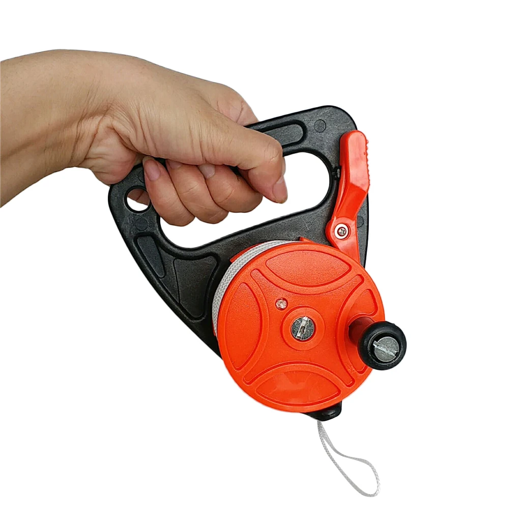 Heavy Duty Orange Plastic Scuba Diving Multi Purpose Wreck Cave Dive Reel with Handle and 150ft Nylon Line, Thumb Stopper