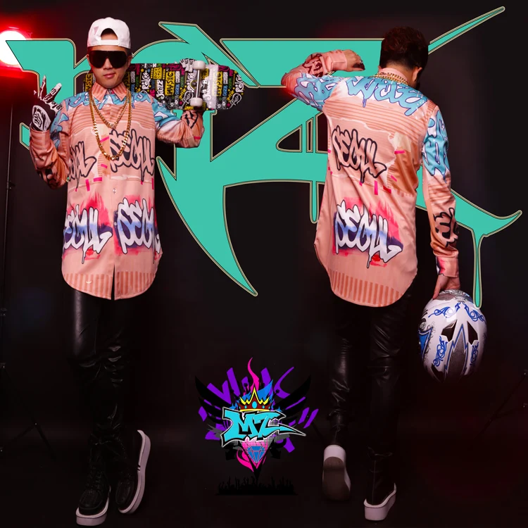 

Nightclub DJ male singer blockb korea zico With the style graffiti hip hop long section Men stretch shirt dress costume A044
