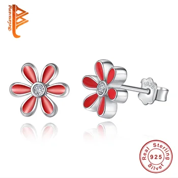 

BELAWANG 925 Sterling Silver Daisy Flower Stud Earrings for Women Anti-allergy Enamel Red Earrings Jewelry Gift Mother's Day