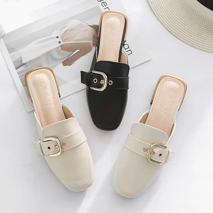 

woman summer fashion outdoor buckle strap mules shoes low heel square toe slides female brand slippers 2019 new arrival