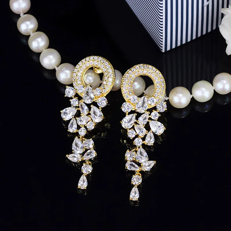 Pera, высокое качество, в богемном стиле, CZ ювелирные изделия, большие, цветные, круглые, с кубическим цирконием, длинные висячие серьги для женщин, вечерние, подарок E317 - Окраска металла: gold white