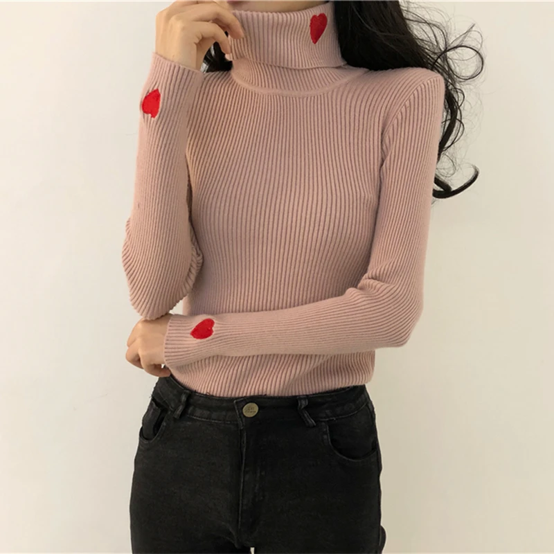 OllyMurs Autumn Winter Women Turtleneck Knitting Sweaters Elastic Slim Bodycon Sweater Heart Embroidery Ladies Warm Top Knitwear