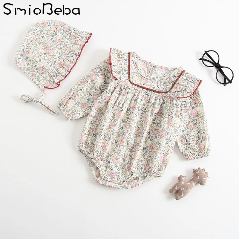 Newborn Baby Long Rompers Sets in Baby Girls' Rompers with Hats Full Printed Flowers Cute Baby
