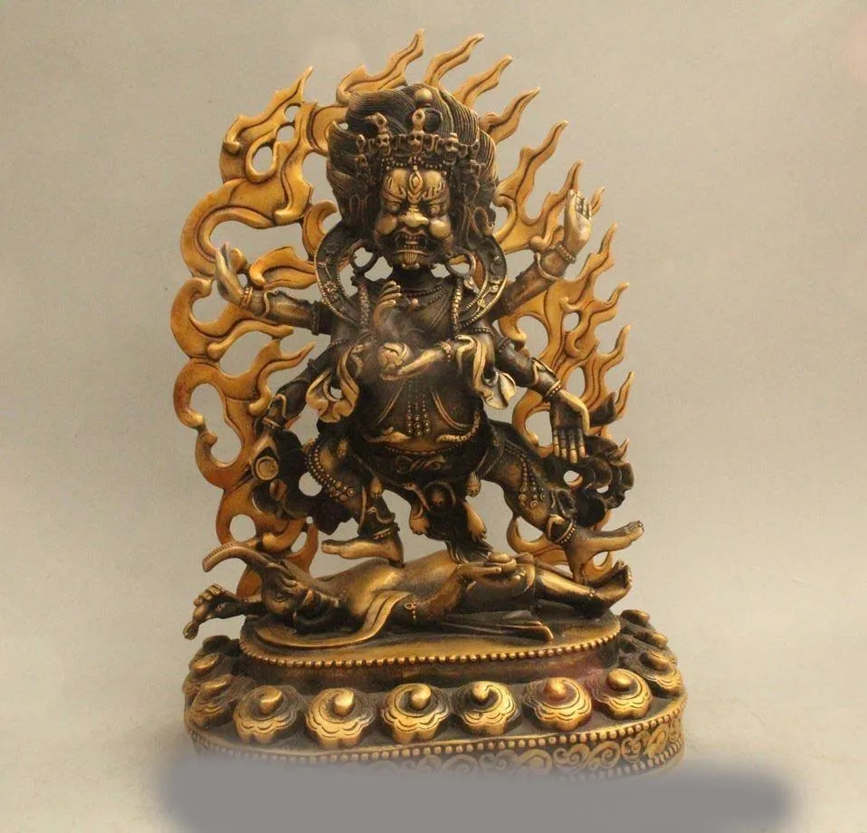 

12" Chinese Tibet Buddhism Bronze Tread elephant 6 Arm Mahakala King Buddha Stat