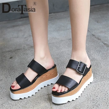 

DORATASIA New Genuine Leather Shoes Belt Buckle Ladies Wedges High Heels Flat Platform Shoes Woman Casual Party Summer Slippers