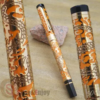 

ROLLER BALL PEN JINHAO 5000 EXECUTIVE ORANGE AND GOLDEN DRAGON E CARVED BUSINESS OFFICE STATIONERY COLLECTION