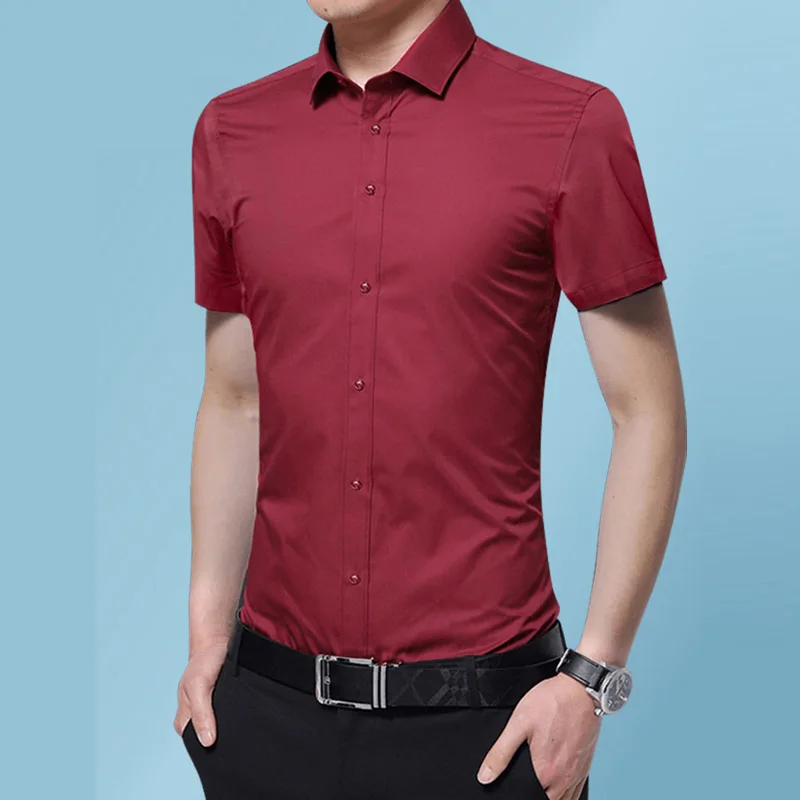 Простые Дизайнерские однотонные мужские повседневные рубашки с коротким рукавом модные летние хлопковые облегающие белые рубашки 5XL - Цвет: wine red