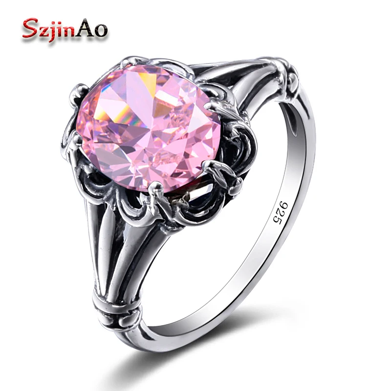 

Szjinao Fashion Exaggerated Pink Stone Crystal Ring Oval Cut 925 Sterling Silver Vintage Ring For Women Party Decorate Jewelry