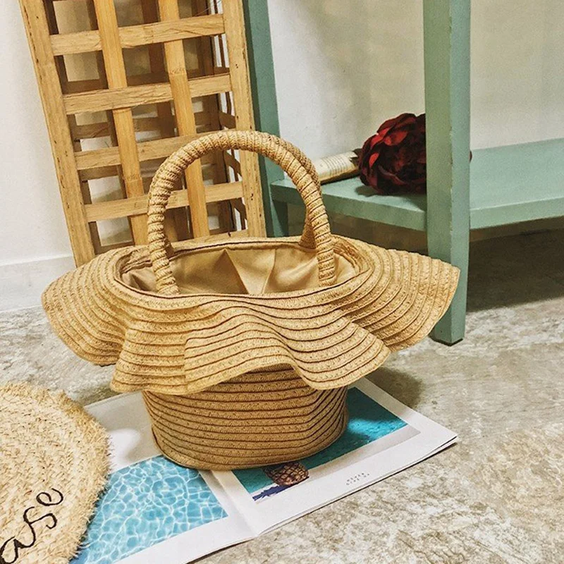 

JHD-Ins Wind Lace Basket Straw Bag Seaside Holiday Handbag Female Summer Travel Braided Hat Bag