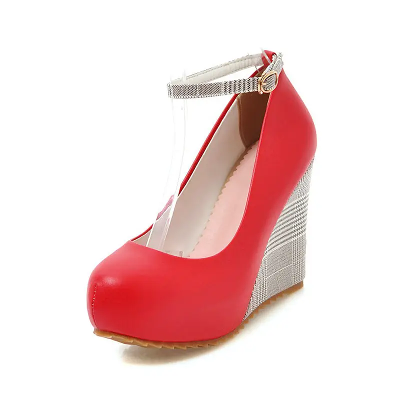 Karinluna/ г. Весенне-осенние модные высококачественные женские туфли-лодочки в клеточку удобные женские туфли на высокой танкетке, большие размеры 33-43 - Цвет: Красный