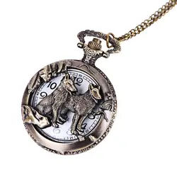 Классические винтажные бронзовые кварцевые карманные часы собака волк полые Резьба ожерелье цепь часы подарок на день рождения для женщин