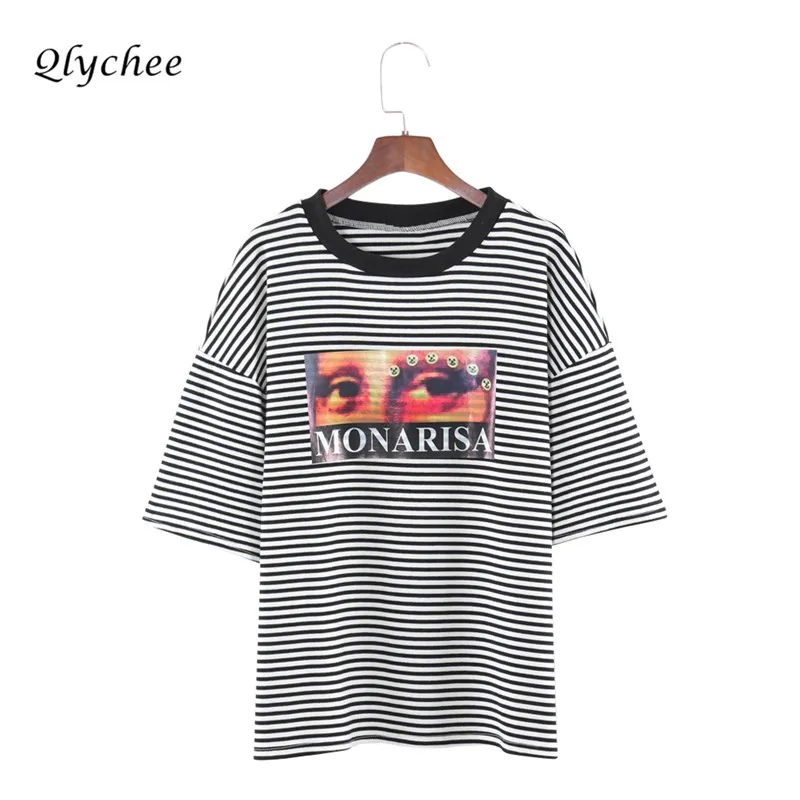 Qlychee полосатая футболка с принтом глаз Женская одежда 2018 модная повседневная футболка с коротким рукавом и круглым вырезом
