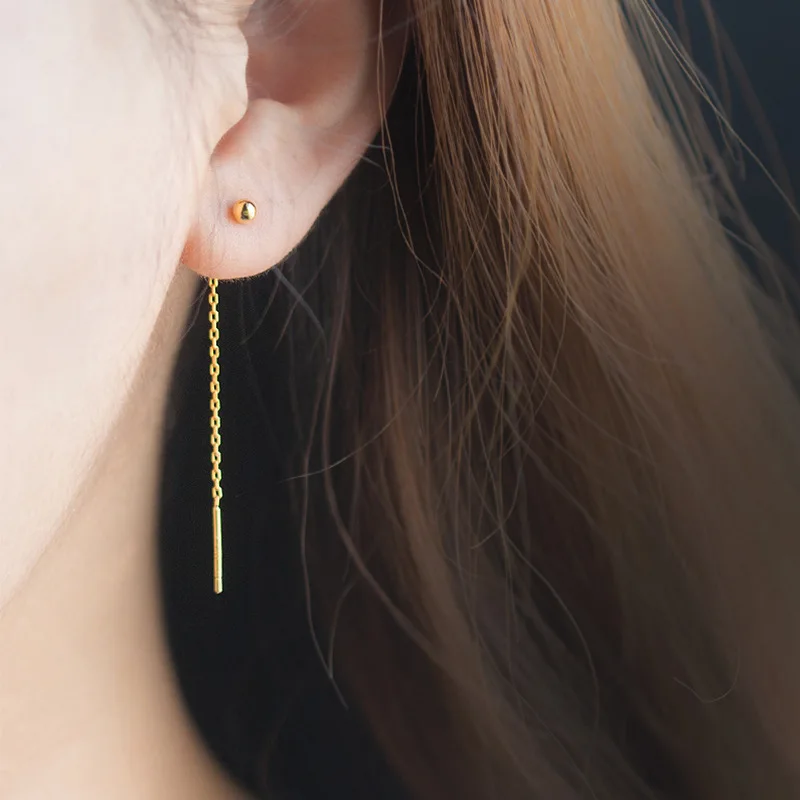 

925 Sterling Silver Simple Long Tassels With Ball Hanging Drop Earrings For Women S925 Silver Long Dangling Earring