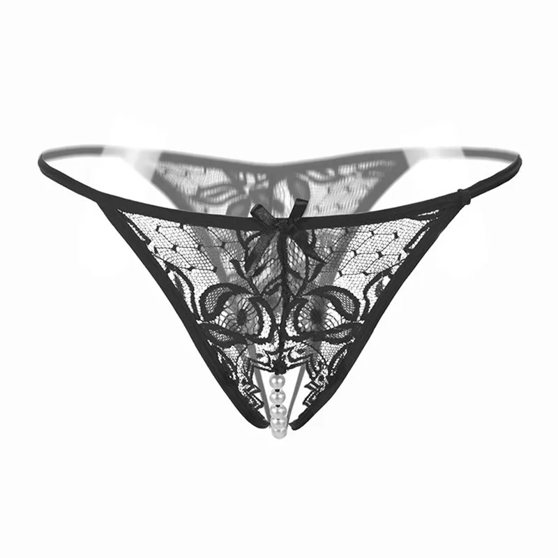 

Women Sexy Transaprent Panties Lace Bow Briefs Cute Embroidery Women Underwear Thongs And G strings With Pearl Beads