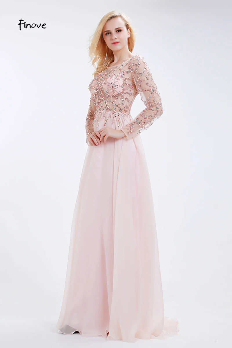 Finove Prom Dresses Long 2020 Long Sleeve Crystals Beading By Hand Sexy See-through A-Line Bridesmaid Dresses Robe de Soiree