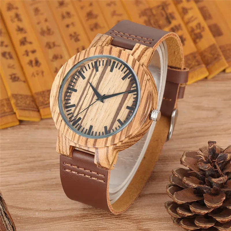 

Mens Watch 2019 Ebony Wood Leather Strap Quartz Movement Wooden Watches Delicate Large Dial Male Clock New Arrival orologio uomo