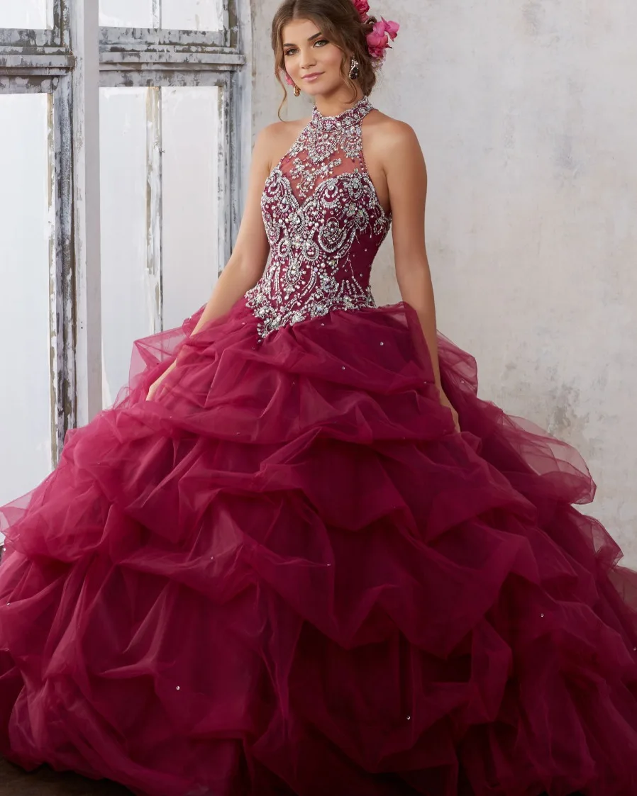 Блестящее бальное платье бордовые платья Quinceanera 2019 Пышная юбка из бисера с украшением в виде кристаллов Формальные 15 лет недорогое платье