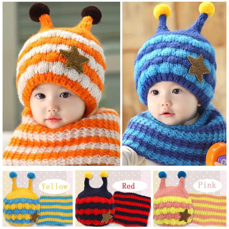 

2018 Winter Baby Hats Scarf Sets Kids Skullies Beanie Knitted Collar Cute Bee Star Children Caps Hats Girls Boys Infantil Wear