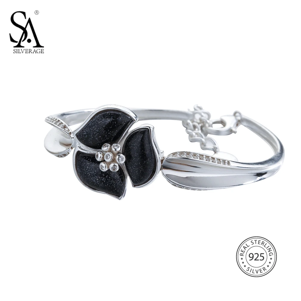 

SA SILVERAGE 925 Sterling Silver Flower Chain Bracelets & Bangles for Women Fine Jewelry Black Vintage Silver Bangles Bracelets