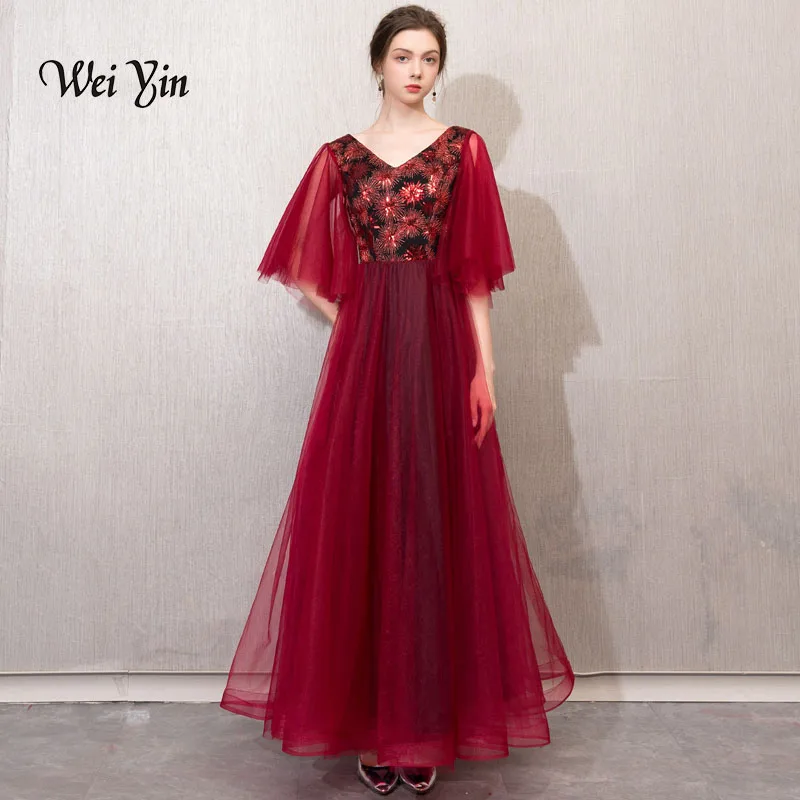 Weiyin v-образным вырезом короткий рукав кружева вино красное вечернее платья спинки Узелок ужин вечерние торжественное платье вечернее