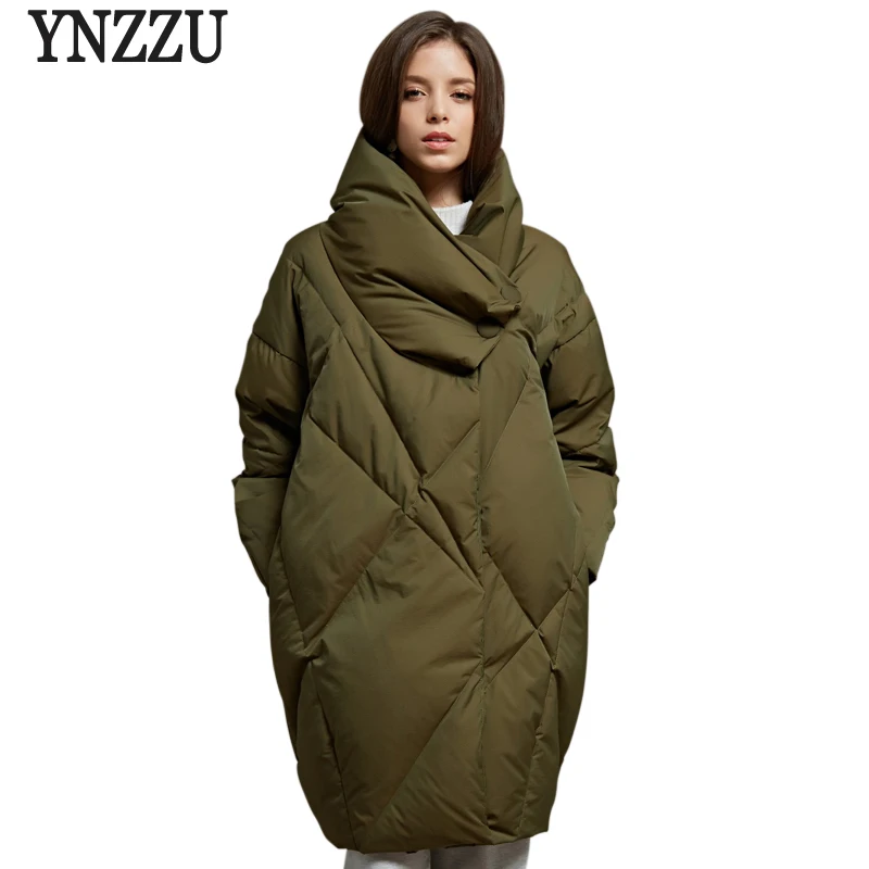 YNZZU Winter Bread Down Jacket Women Army Green Elegant Loose Thick Warm Coat 90% White Goose Down Female Jacket O563