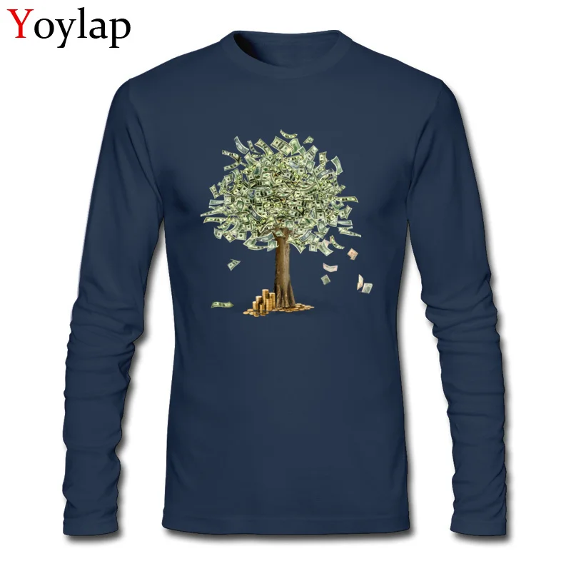 100% Cotton Men Long Sleeve Tops Tees Money grows on trees Design Summer/Fall T Shirts Print Classic Crewneck Tee-Shirt Money grows on trees navy