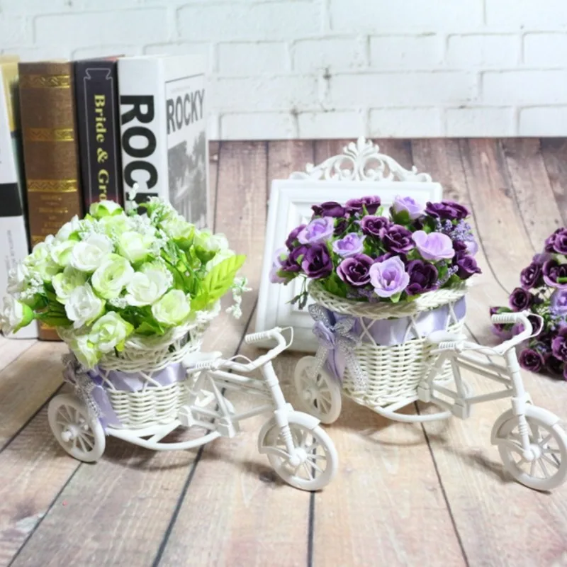 

Rattan Bike Vase with Silk flowers Colorful Mini Rose flower Bouquet Daisy Artificial Flores For Home Wedding Decoration