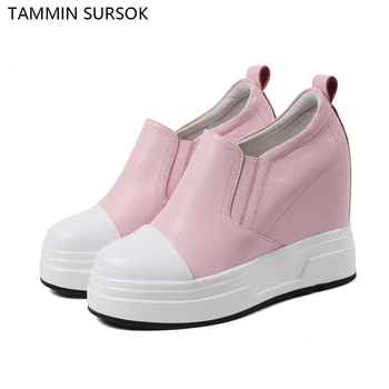 

Fashion Genuine Leather Height Increasing Women Thick Bottom Slip-on Loafers Color Matching Female High Heel Casual Single Shoes