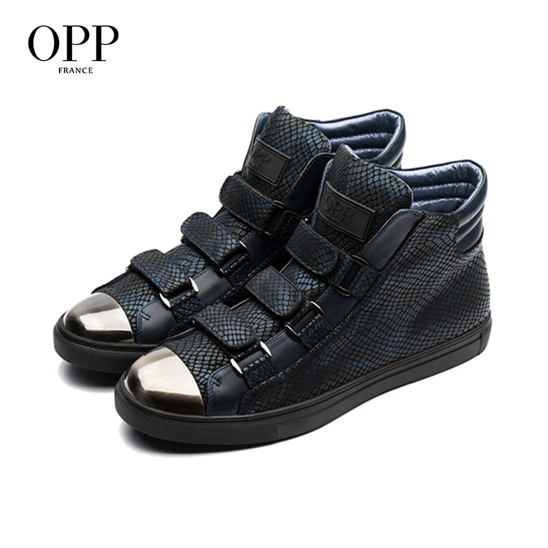 

OPP Punk hop hip Metal Rivet Snakeskin Men Shoes Ankle Boots Men High Top Men Boots Genuine Leather Sneakers Hook&Loop Shoes