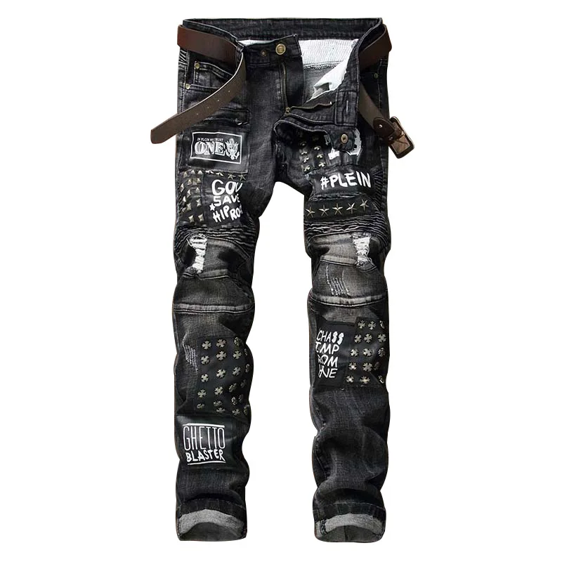 Nuevos hombres Vaqueros letra impresa motorcycle straight Vaqueros