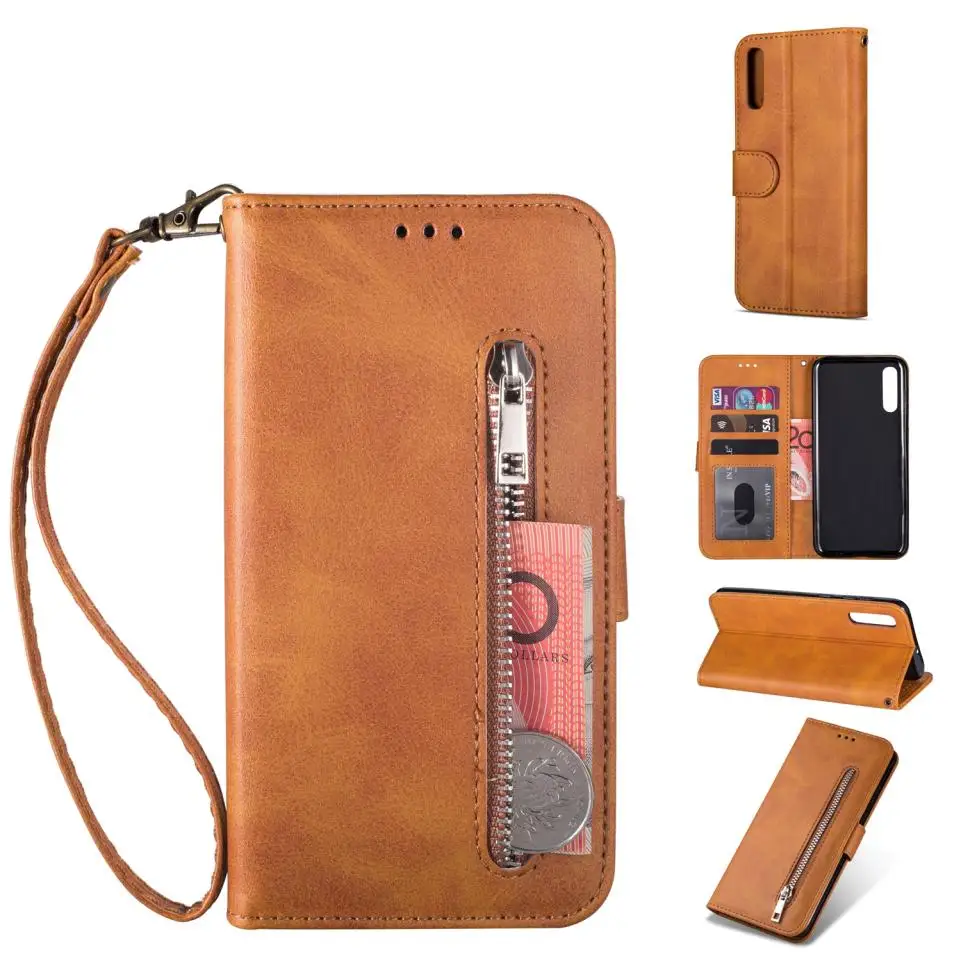

For Samsung Galaxy A7 2018 Premium Genuine Leather Zipper Wallet Card Slots Lanyard Flip Mobile Phone Protection Case Cover Bag