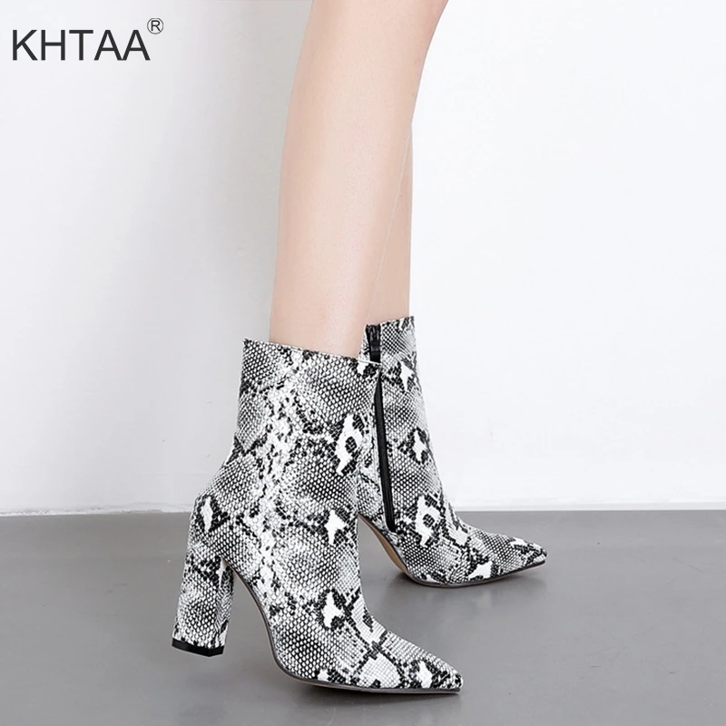 

High Heels Women Mid Calf Boots Snake Print Pointed Toe Zipper European 2018 New Ladies Winer Boot Shoes Fashion Female Footwear