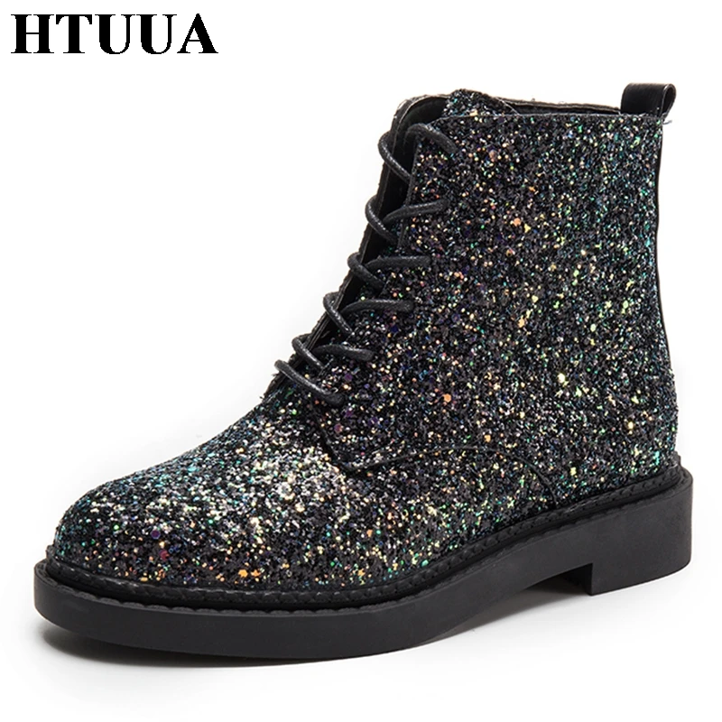 

HTUUA Bling Sequins Ladies Shoes Harajuku Punk Black Glitter Short Ankle Boots Women Spring Autumn Casual Platform Shoes SX1663