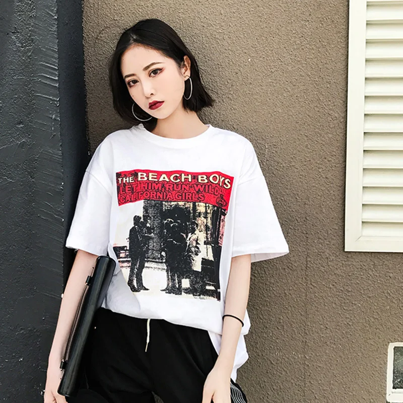 

Women Oversize Print Photo Charactor Round Neck Long Length Short Sleeve Femme T Shirts 2019 New Arrived Top Low Price