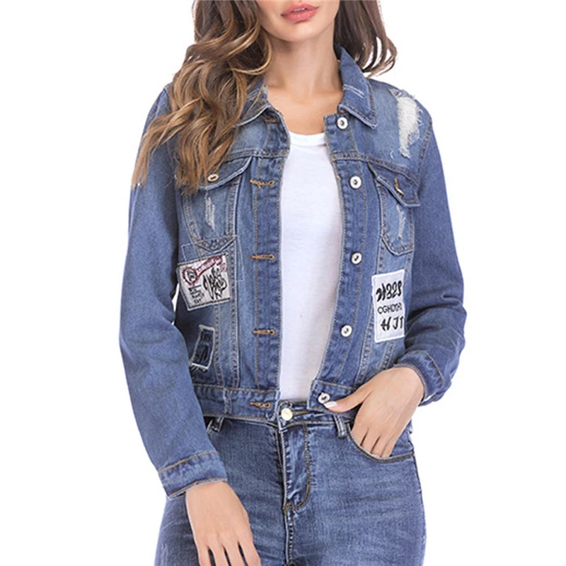 Fashion letter Embroidery Women Basic Coat Denim Jacket Coats Female