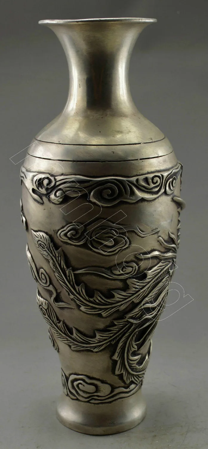 

2pcs Collectible Decorated Old Handwork Tibet Silver Carved Big Phoenix High Vase Garden Decoration 100% Tibetan silver Bronze