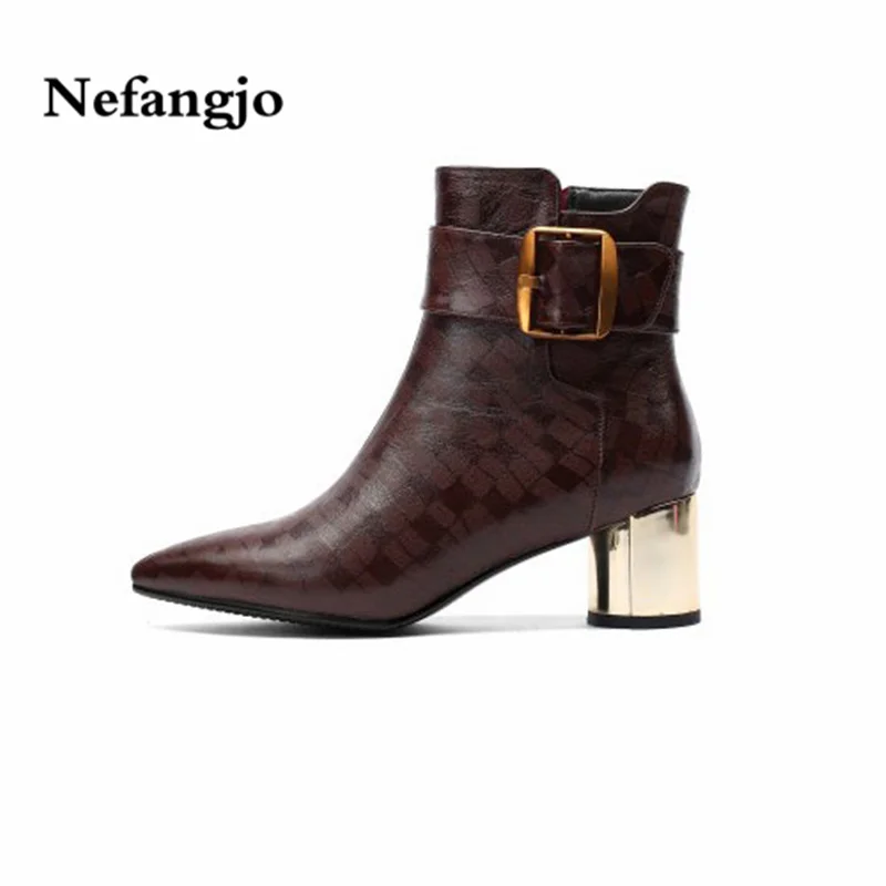 Nefangjo 2018 Leather ankle boots fashion winter warm boots shoes women sexy pointed toe metal buckle shoes women riding boots