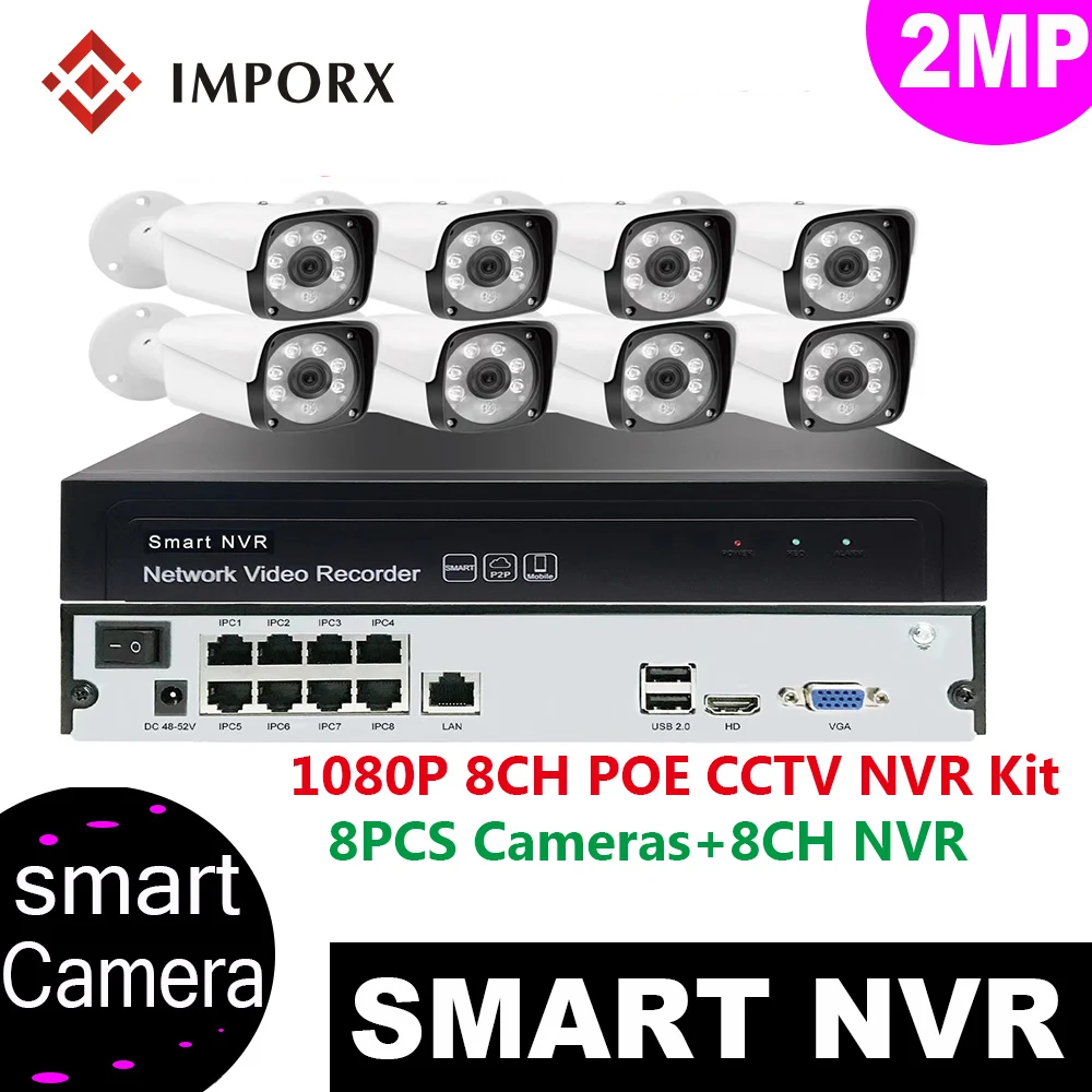 

IMPORX 8CH 1080P HDMI POE NVR Kit 2.0MP 8PCS IP Cameras POE CCTV Security System Outdoor IR P2P Video Surveillance Set 2TB HDD